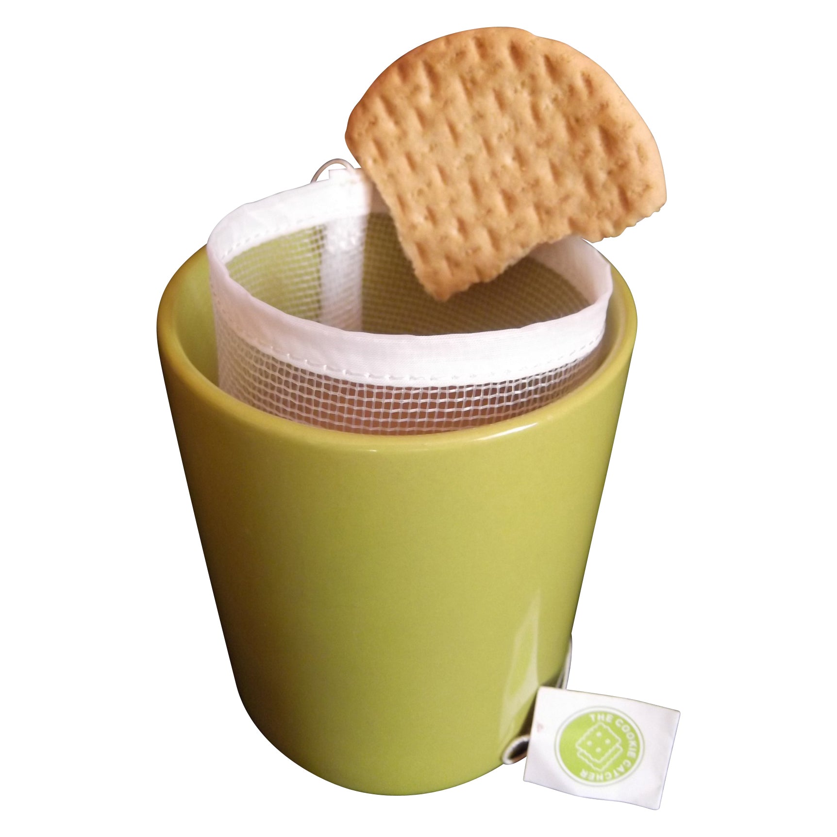 Cookie Catcher in use showing how it fits perfectly in standard mug