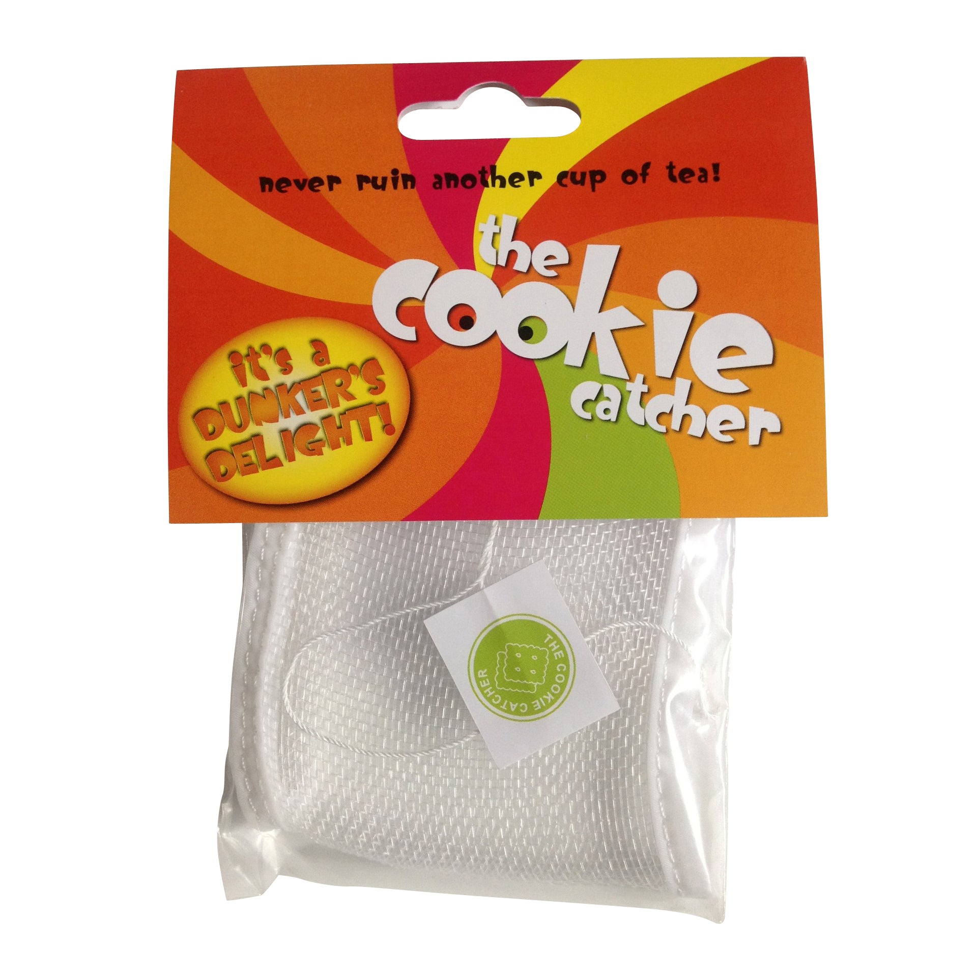 Cookie Catcher mesh device sitting in mug catching biscuit crumbs